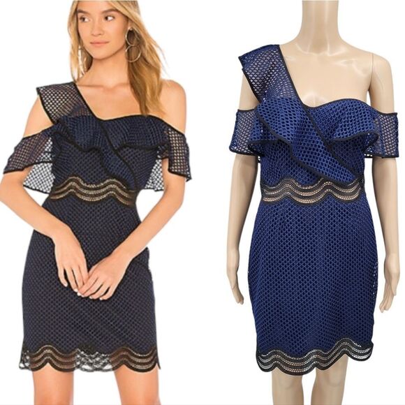 Saylor Luca Dress Off The Drop Shoulder Navy Black Lace Mesh Mini Dress - Picture 1 of 15